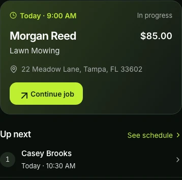 The same Gräs workday on a phone — a mobile web overview with example data