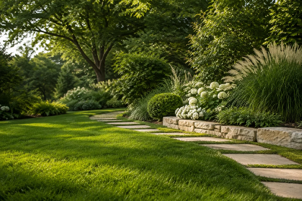 A stone garden path winding through a green lawn and white flowering beds